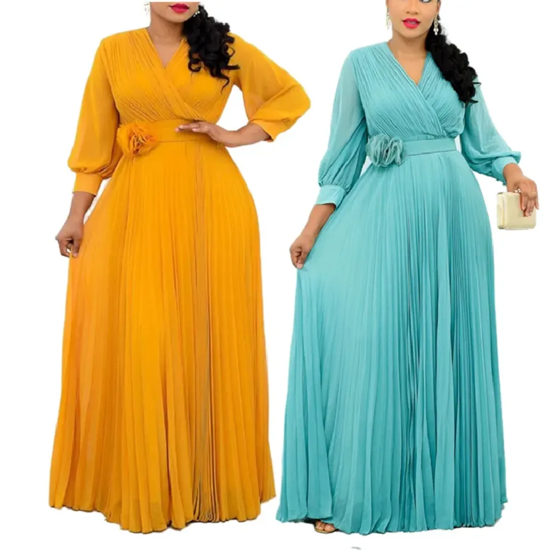 Robe Longue Plissée Élégante – Manches Longues, Ceinture Fleur, Style Chic pour Femme