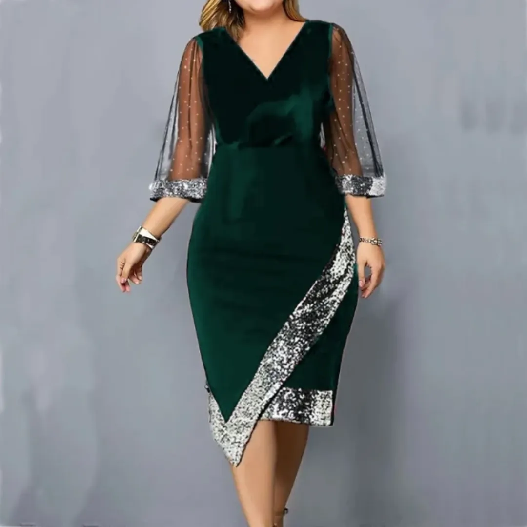 Robe Élégante Noire Grande Taille avec Manches Voile et Paillettes Argentées