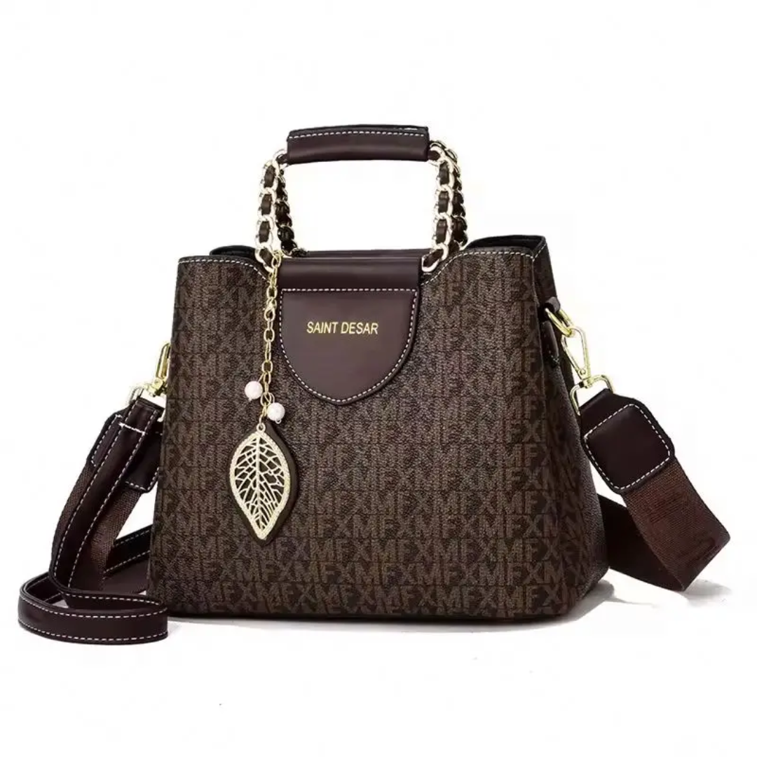 Sac à main femme motif marron avec bandoulière large et poignée chaîne