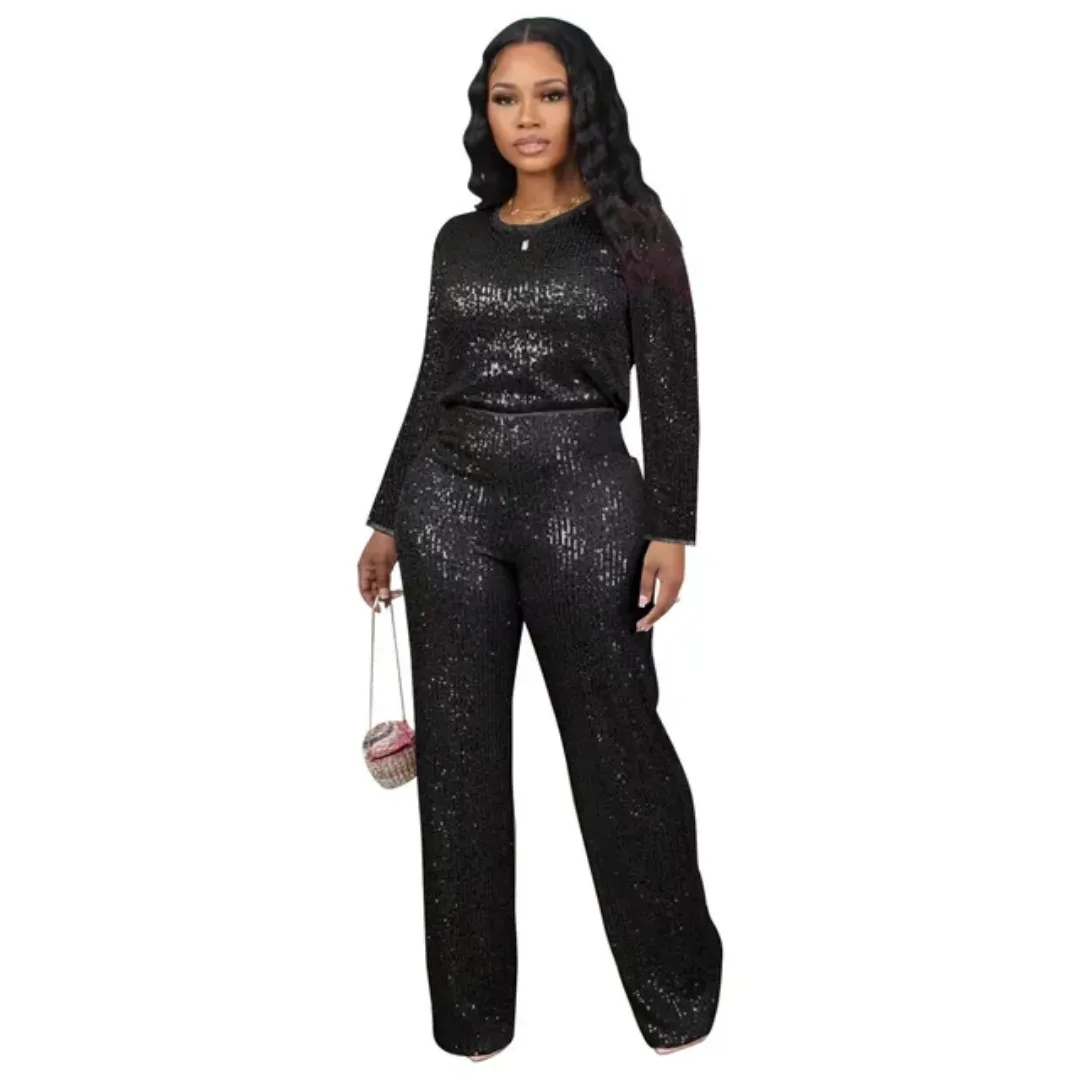 Ensemble Femme Pailleté 2 Pièces - Top Manches Longues et Pantalon Large