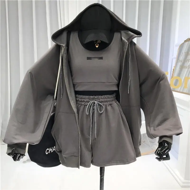Ensemble 3 pièces femme sweat à capuche + pantalon + short brodé sport décontracté M-XXL