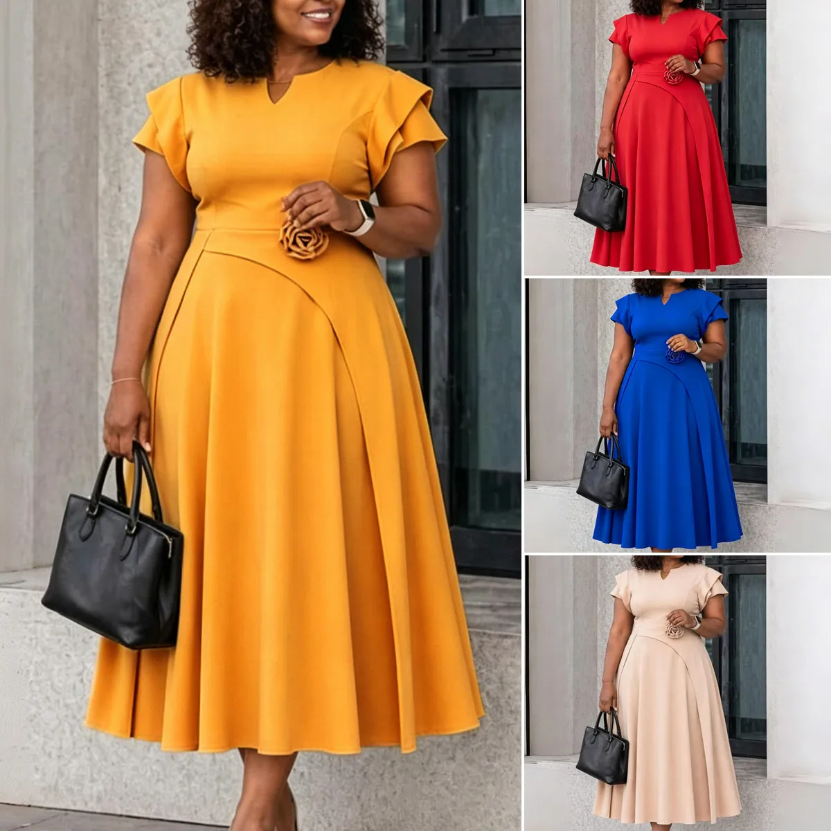 Robe Maxi Femme Col V Manches Courtes Coupe Trapèze Style Africain Bureau & Loisir