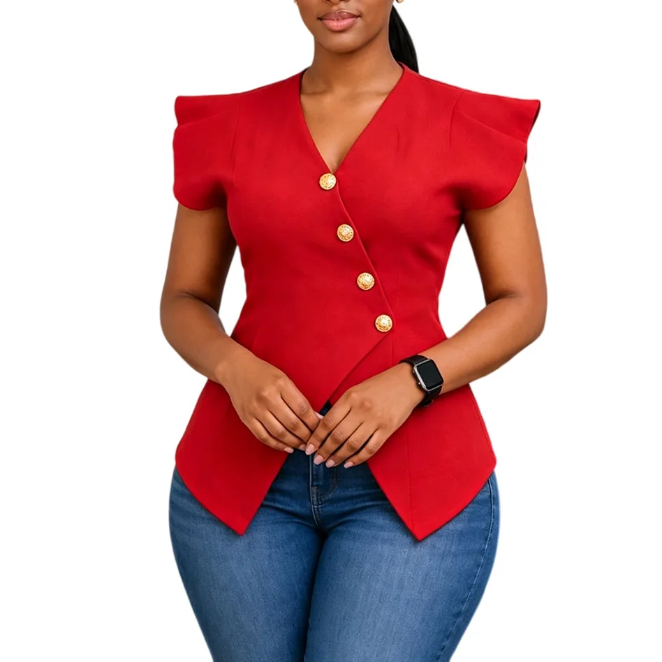 Blouse Femme Col V à Manches Volantées D3376 – Élégante & Ajustée pour le Bureau