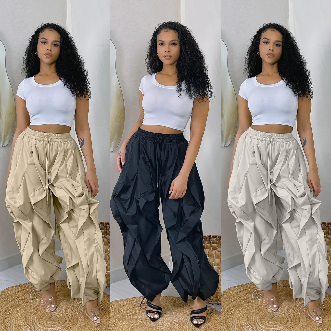 Pantalon Cargo Femme K3685 – Style Streetwear Élégant avec Poches & Volants