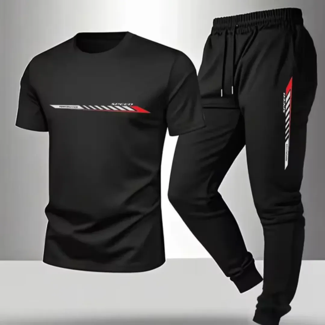 Costume de sport d'été décontracté 2 pièces pour homme T-shirt en coton à manches courtes Mountain Triangle Icon Print