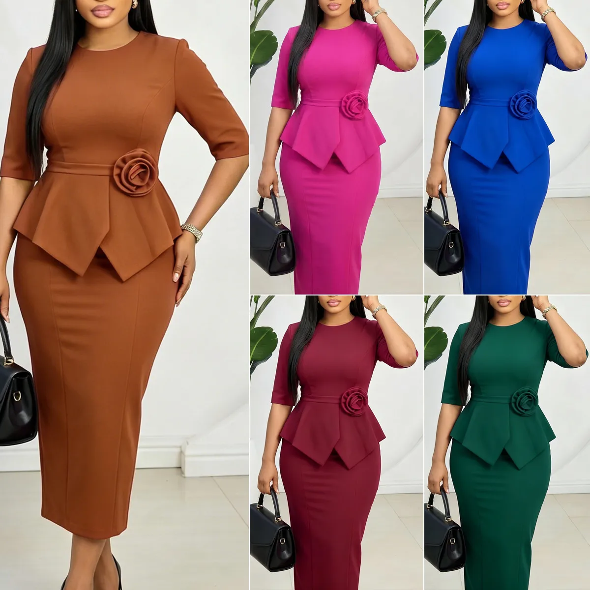 Robe Midi Femme D626 – Col Rond, Volants & Fleurs 3D, Style Bureau Élégant