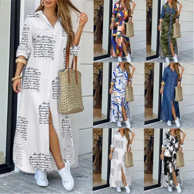 Robe Maxi Imprimée à Manches Longues YQY1206 – Coupe Ample Décontractée pour Femme