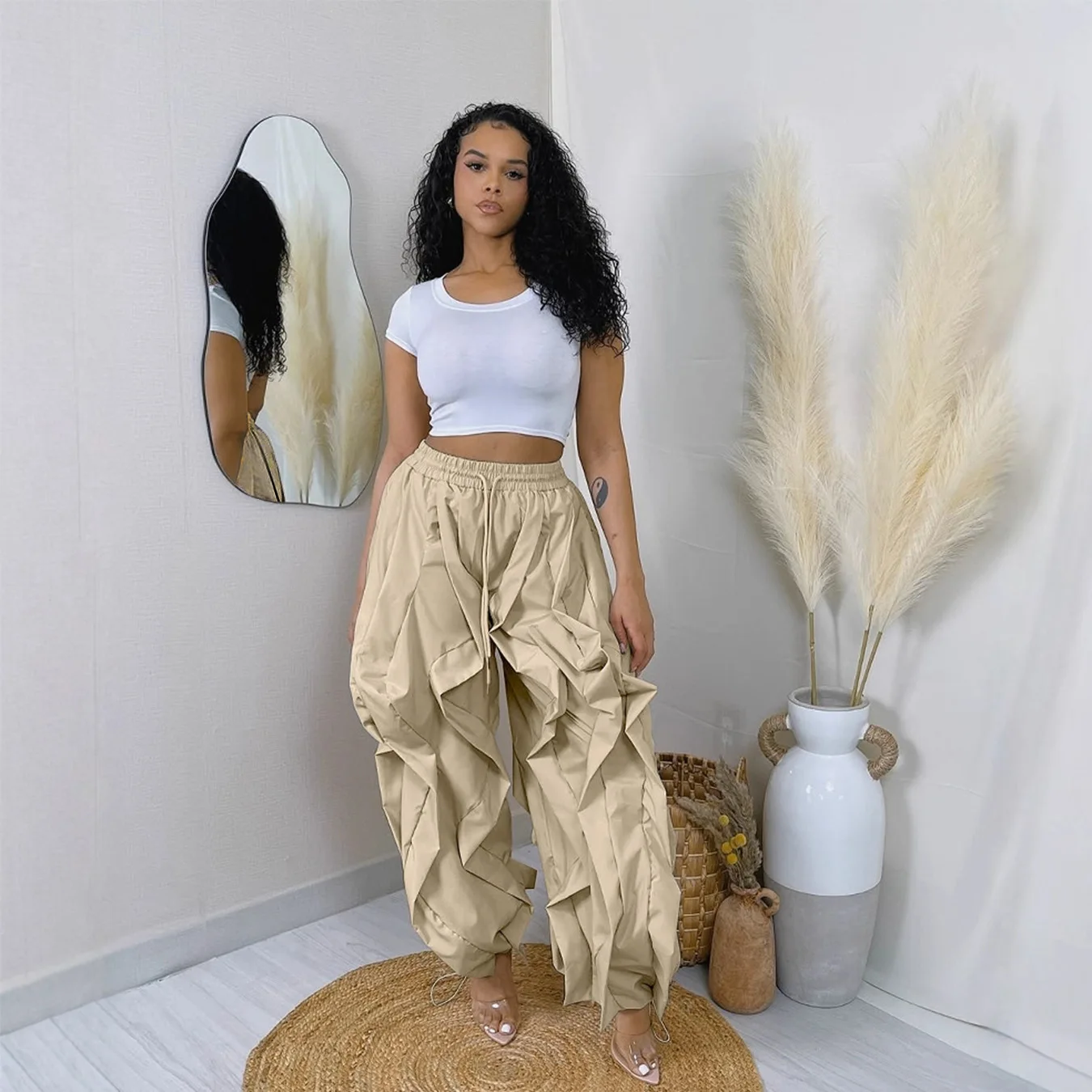 Pantalon Cargo Femme K3685 – Style Streetwear Élégant avec Poches & Volants