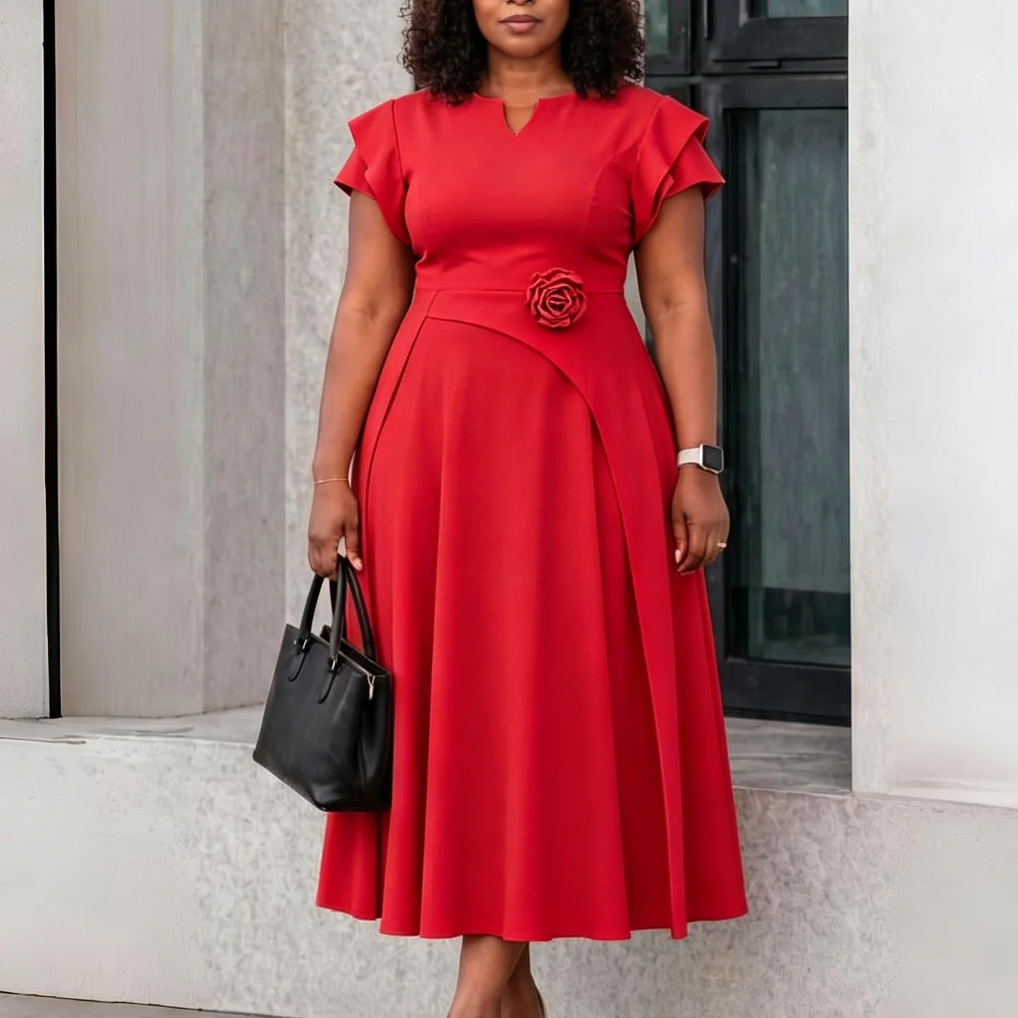 Robe Maxi Femme Col V Manches Courtes Coupe Trapèze Style Africain Bureau & Loisir