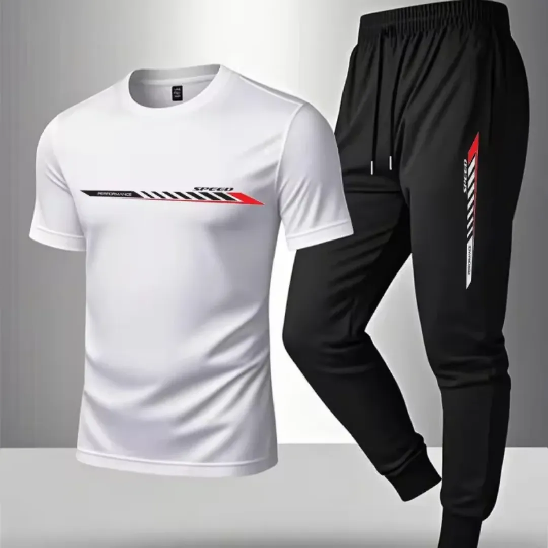 Costume de sport d'été décontracté 2 pièces pour homme T-shirt en coton à manches courtes Mountain Triangle Icon Print