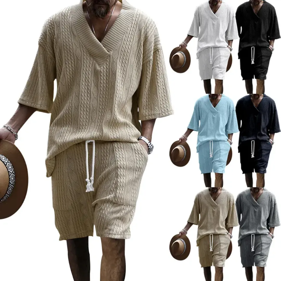 Ensemble Tricoté Homme Été – T-shirt Col V & Short Côtelé